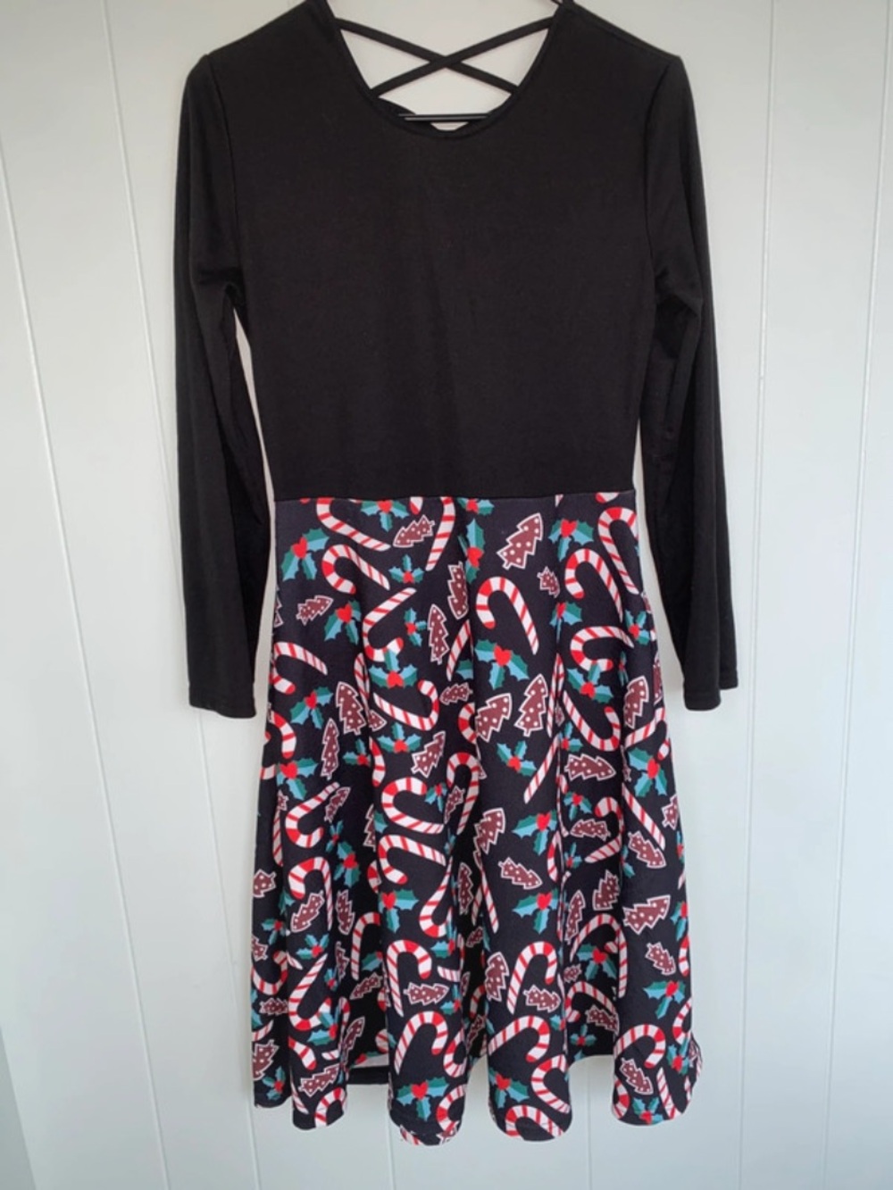 Black Long-Sleeve Midi Dress with Candy Cane Print Skirt